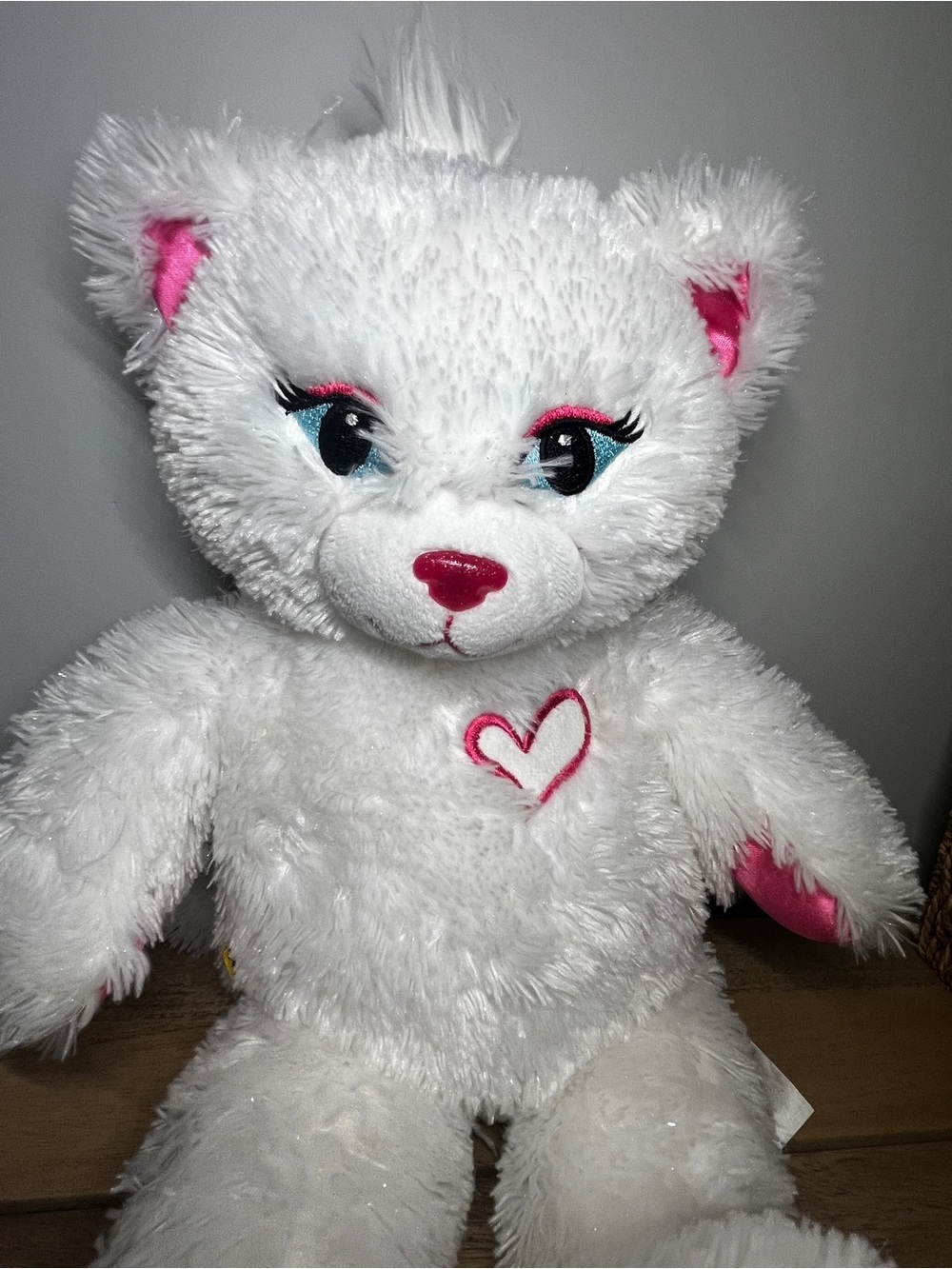 BUILD A BEAR Shimmer Kitty White Plush Cat Pink Accents Embroidered Eyes 17"